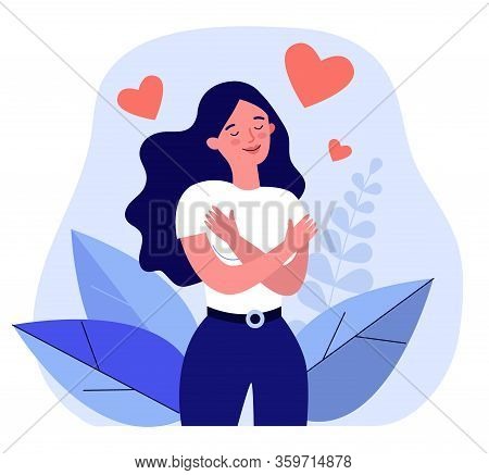 Happy Woman Hugging Herself. Positive Lady Expressing Self Love And Care. Vector Illustration For Lo