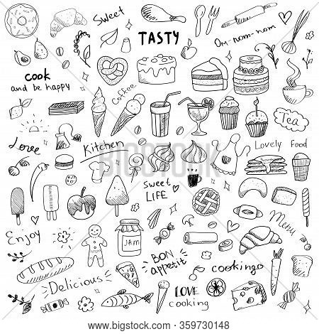 Vector Set Of Doodle Sketch Illustrations Of Sweet Food. Sweet Dessert And Food Art Elements For Kit