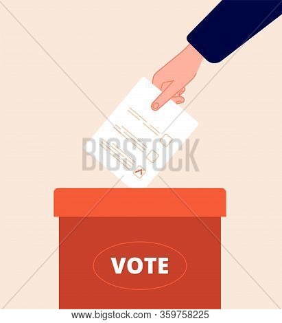 Voting Box. Vote Day, Election Packaging. Hand Holds Ballot. Politics Opinion, Voter Survey. Flat Ba