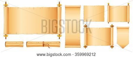 Papyrus Scroll Set, Parchment Paper With Old Texture, Vector Banner Isolated On White Background. Vi