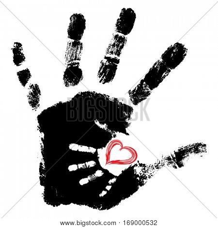 Vector concept conceptual cute paint hand of mother child and heart shape isolated on white background for art, care, childhood, family, fun, happy, infant symbol, kid little love mom motherhood young