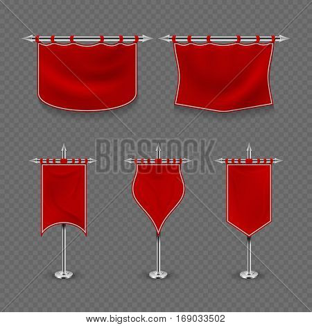 Medieval royalty, king fabric red flag banner vector set. Medieval vintage royal flag collection illustration