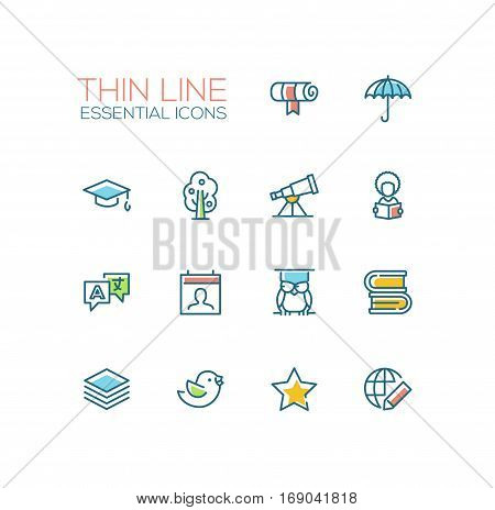 Education - modern vector simple thin line design icons and pictograms set with accent color. Scroll, umbrella, academic cap, tree, telescope, student, owl, books, translation, guides bird star globe. Material design concept symbols