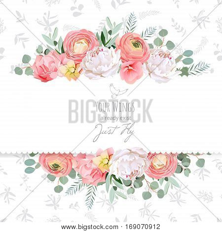 Peony rose ranunculus pink flowers and decorative eucaliptus leaves vector design card. Delicate grey floral texture background. All elements are isolated and editable.