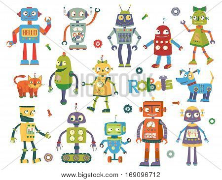 Set of vector robots in cartoon style. Isolated vector robots in a white background