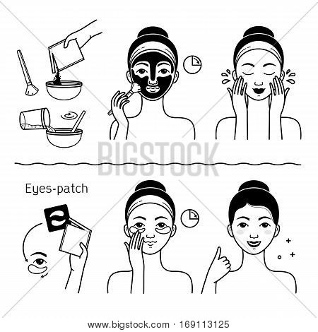 Face skin care set with girl isolated vector illustration. Girl washing her face, cleansing and applying cosmetic cream. Face skincare hygiene procedures, facial treatment mask, cosmetic eye patche.