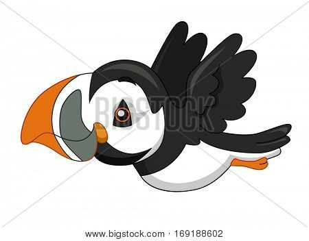 Adorable Illustration of a Flying Puffin with Colorful Markings on its Beak