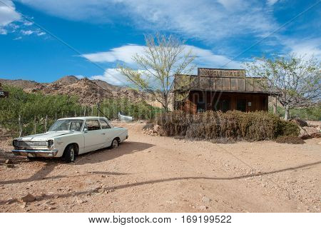 Hackberry, Arizona, USA - June 19, 2014: Old petrol station and shop with vintage cars on Route 66