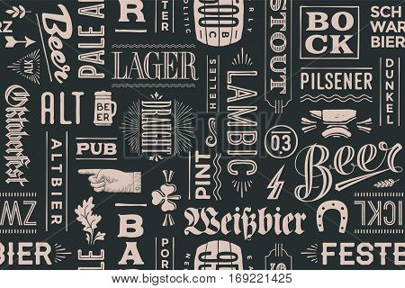 Seamless pattern with types of beer and hand drawn lettering for bar, pub, cafe, fest and party. Vintage drawing for placemat, bar menu, t-shirt print and beer themes. Vector Illustration