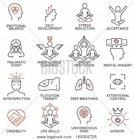 Vector set of 16 linear icons related to mindfulness awareness consciousness and mental conditions. Mono line pictograms and infographics design elements - part 3