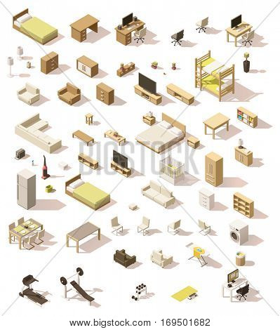 Vector isometric low poly domestic furniture set