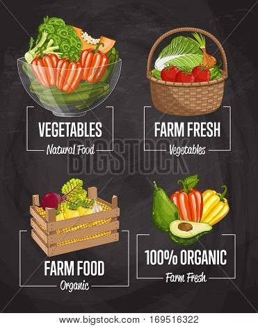 Organic farm harvest set vector illustration. Fresh natural vegetable, organic farming, vegan food store, retail farm product label. Healthy farm advertising with pepper, broccoli, corn, tomato, onion