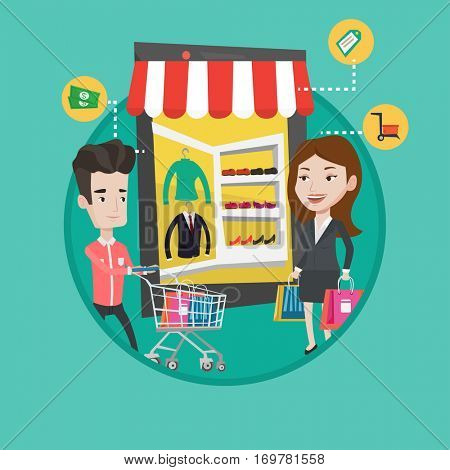 People doing online shopping. Man and woman using mobile shopping. People shopping in store that looks like tablet computer. Vector flat design illustration in the circle isolated on background.