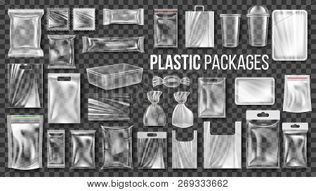 Plastic Packages Transparent Wrap Set Vector. Empty Food Product Polyethylene Package Mock Up Templa