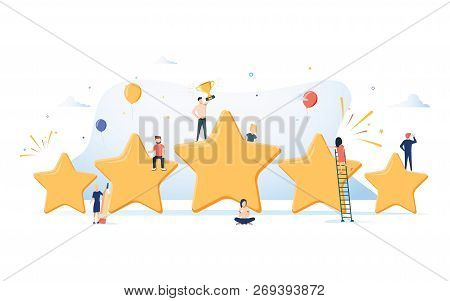 Flat Isometric Vector Concept Of Five Stars, Best Rating, Customer Feedback, Positive Review. Winner