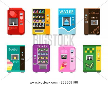 Vending Machines. Automatic Selling Foods Snacks And Drinks Coffee Ice Cream And Popcorn Vector Flat