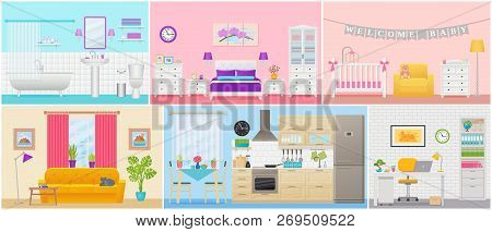 Room Interiors. Vector. Living Room, Bedroom, Bathroom, Nursery, Kitchen, Workplace In Flat Design. 