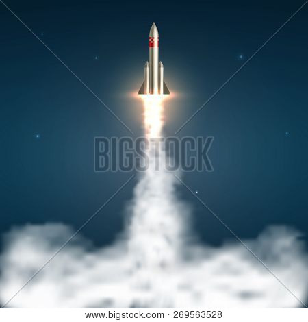 Space Rocket Launch. Spaceship Take Off With Fire And Jet Smoky Trail. Space Travel And Start Up Iso