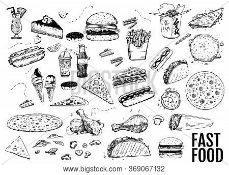 Set With Fast Food Illustration. Sketch Vector Illustration. Fast Food Restaurant, Fast Food Menu. H