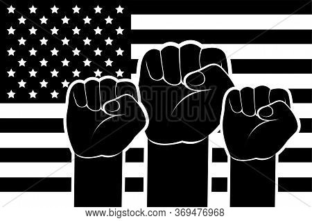 Black Lives Matter. Strong Fist Raised Up The Background Of The American Flag. Concept Black And Whi