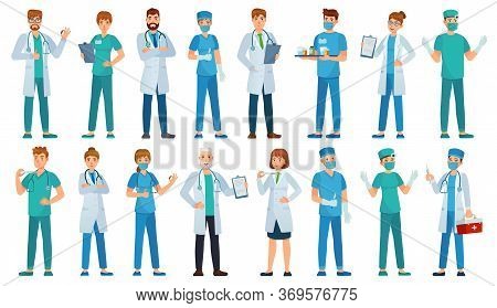 Hospital Staff. Clinic Workers, Pharmacist, Nurse In Uniform And Ambulance Doctors Characters Cartoo