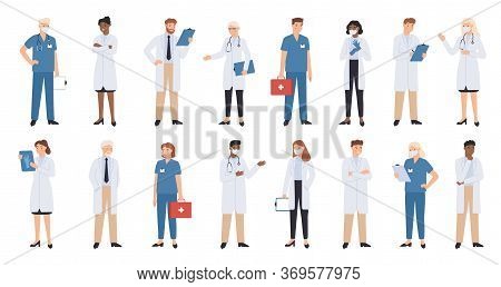 Hospital Doctors And Nurses. Doctor With Stethoscope, Nurse In Scrubs And Face Mask. Medical Student