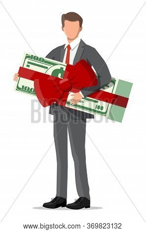 Successful Businessman Celebrates His Victory Holding Dollar Bundle With Ribbon And Bow. Business Su