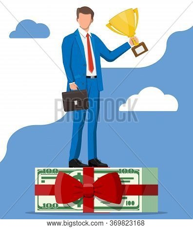 Successful Businessman With Dollar Bundle Holding Trophy, Celebrates His Victory. Business Success, 