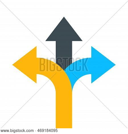 3 Way Decision Opportunity Option Arrow. Three Way Direction Vector Path Choice Sign.