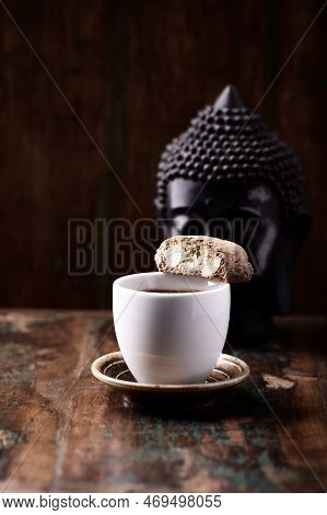 Cantuccini (italian Cookie) And A Cup Of Coffee On Rustic Wooden Background. Close Up. Copy Space.