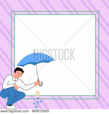 Yung Man Holding Umbrella Sitting And Looking At Rose. Save The Flower From Rain. Blank White Space 