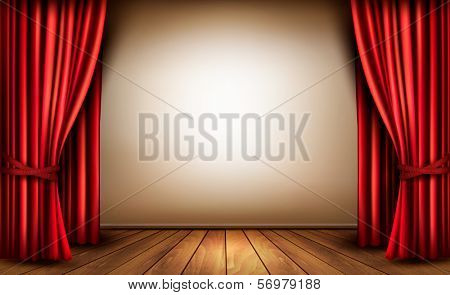 Background with red velvet curtain and a wooden floor. Vector illustration. 