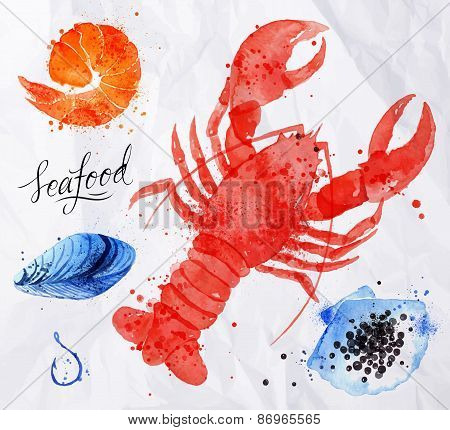 Seafood watercolor cancer, caviar, mussels, shrimp