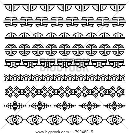 Chinese decoration, traditional antique korean pattern, vector asian seamless borders set. Korean border pattern, illustration of traditional oriental japanese pattern