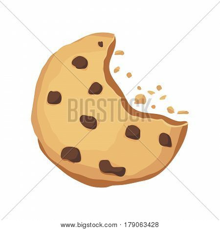 Bitten cookie with chocolate on a white background. The application icon. Cookie crumbs