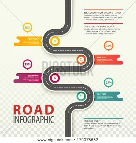 Road top view infographics with dotted line and percents in round graphs, traffic map of asphalt street in city or town, highway statistics. Path and travel, car journey or trip, information and plan