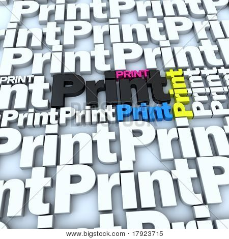 3D rendering of the word print in white and different colors, ideal for backgrounds