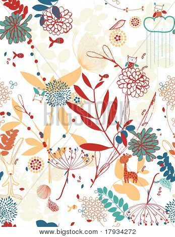 Vector retro whimsical floral seamless pattern with children's graphics