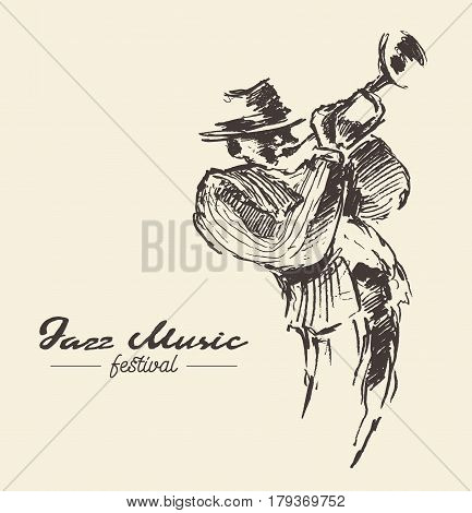 Man playing the trumpet, vintage hand drawn illustration