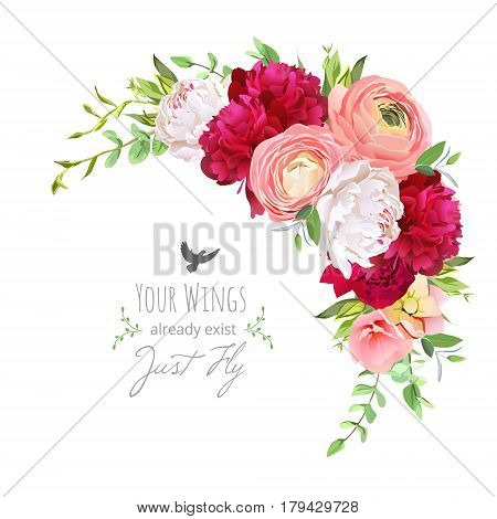 Blooming bouquet floral vector frame with ranunculus, peony, rose, green plants on white. Pink, burgundy red and white flowers. Crescent shape bouquet. All elements are isolated and editable.