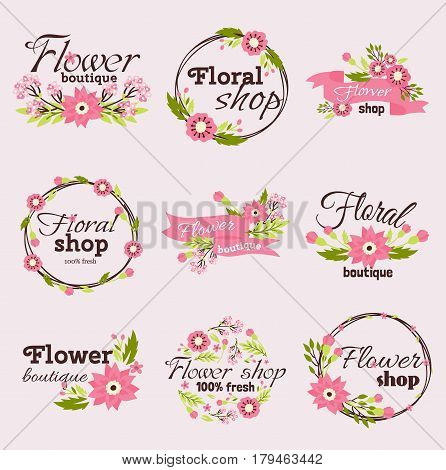 Bright logo for flower shop. Set hand drawn emblems and floral signs for flower shop. Flower shop labels. Doodles, sketch floral and gardening logos and signs trendy linear style emblems flower shop.