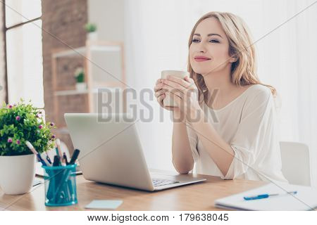 Happy Pretty Cute Woman Working With Computer Enjoying Coffee