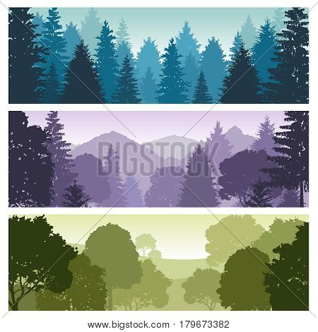 Silhouette forest panorama skyline with pine trees, vector nature wildlife landscape backgrounds. Wildlife forest silhouette, skyline panorama forest illustration