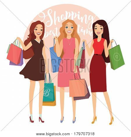 Happy beautiful women with shopping. Three ladys with shopping bags walking on street. Big Sale. Group of young pretty woman with shopping bag enjoy shopping. Vector illustration of a flat design