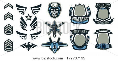 Set of military and military badges. Emblems, automatic weapons, skull, ammunition, eagle, wings, templates. Vector illustration, printing on T-shirts