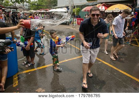 Bangkok, Thailand - April 13, 2014 : The Songkran festival or Thai New Year's festival in JJ market in Bangkok, Thailand.