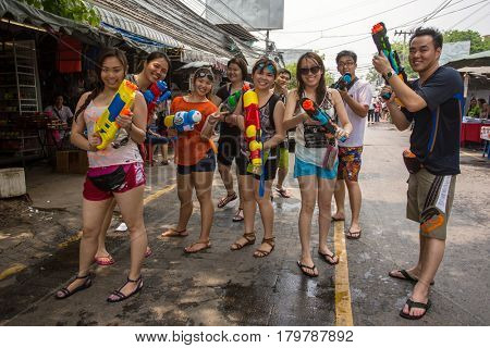 Bangkok, Thailand - April 13, 2014 : The Songkran festival or Thai New Year's festival in JJ market in Bangkok, Thailand.