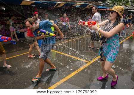 Bangkok, Thailand - April 13, 2014 : The Songkran festival or Thai New Year's festival in JJ market in Bangkok, Thailand.