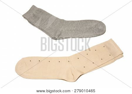 Two Pairs Of Multi-colored Thin Socks. Thin, Summer Running Socks. Isolated On White Background.