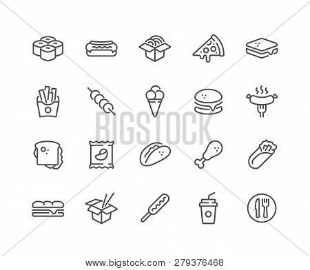 Simple Set Of Fast Food Related Vector Line Icons. Contains Such Icons As Pizza, Tacos, Chips And Mo